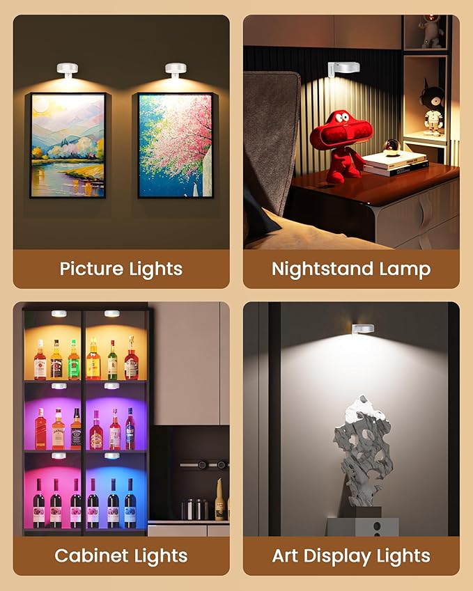 Picture Lights for Wall,Wireless 2000mAh Rechargeable Magnetic LED Puck Lights with Remote,3 Color Temps and 12 RGB,Dimming & Timer,Art Frame Light for Painting Display,Photos,Wall Decor(6 Pack)