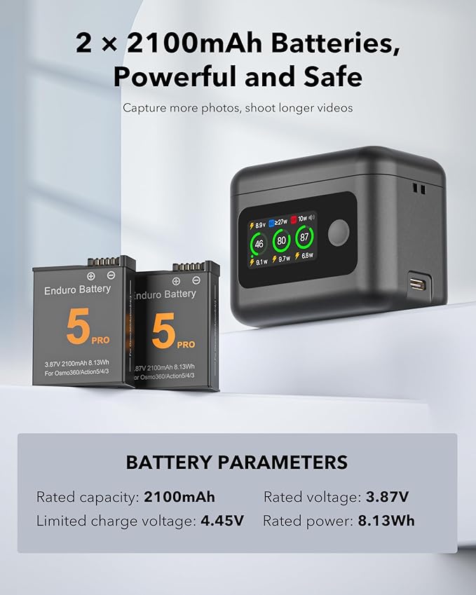 2100mAh Battery and Charger for DJI Osmo 360 / Action 5 Pro/Action 6, Color LCD Intelligent Two Way Charger Hub Triple Slot 27W PD Fast Charging Case for Osmo 360 Action 5 Pro 6 4 3 Accessory