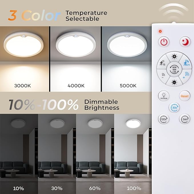 Annaror Motion Sensor Ceiling Light with Remote, Night Light 2000K, 8.7 Inch Wired Flush Mount 3000K/4000K/5000K Selectable, 1800LM Dimmable Motion Sensor Light Indoor for Closet Hallway Stairs White