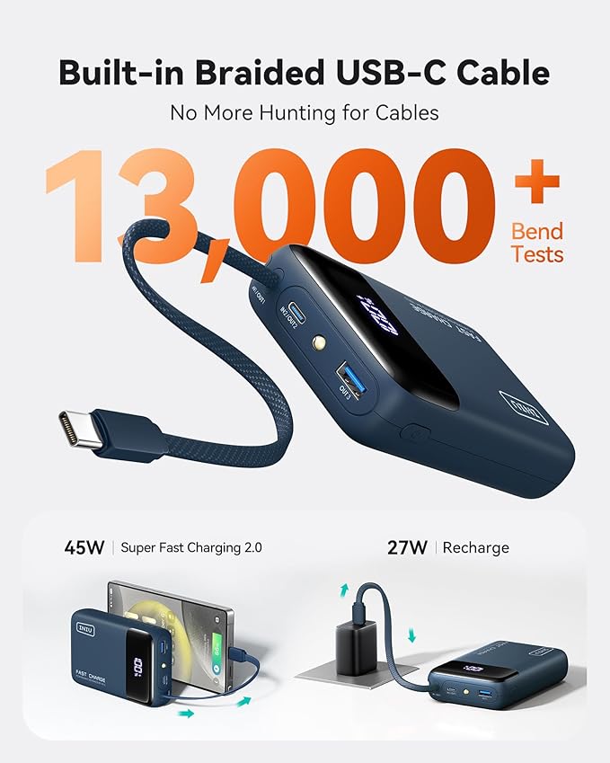 INIU 20000mAh Power Bank, Small Portable Charger, 45W PD Fast Charging Battery Pack with Build in USB-C Cable, Travel Phone Charger for iPhone 17 16 15 14 Air Samsung S25 S24 Google iPad Xiaomi, Blue