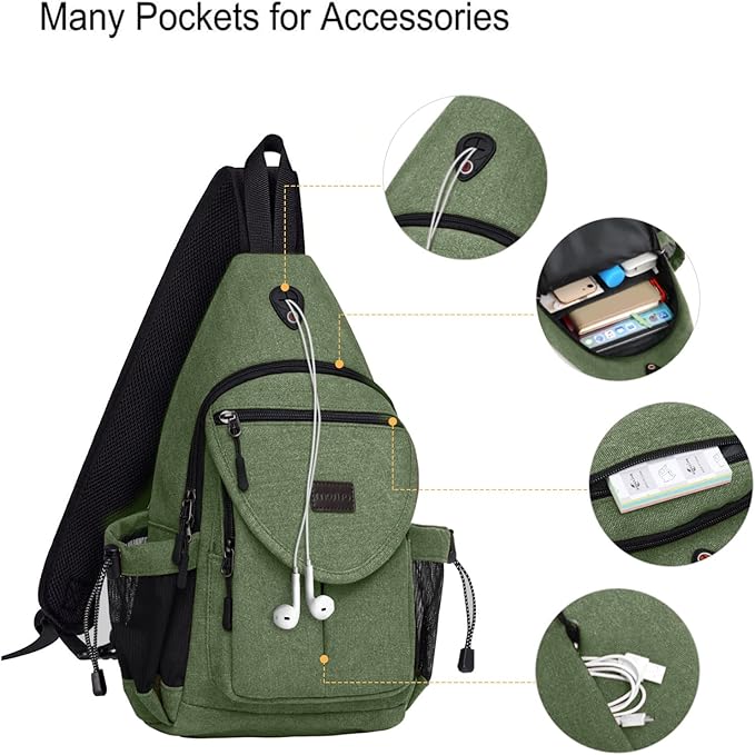 MOSISO Sling Backpack,Canvas Crossbody Hiking Daypack Bag with Anti-theft Pocket, Army Green