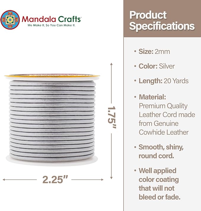 Mandala Crafts Round Genuine Silver Leather Cord for Jewelry Making – 2mm Cowhide Leather Rope String Lace for Kumihimo – 20 Yards Cowhide Craft Cording Spool