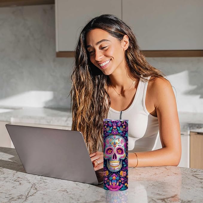 Firmiso 20 oz Tumbler | Skinny Insulated Travel Mug with Leak-proof Lid and Straw | Sugar Skull Floral Stainless Steel Coffee Cup for Hot & Cold Drinks | Day of the Dead Gifts for Women & Men