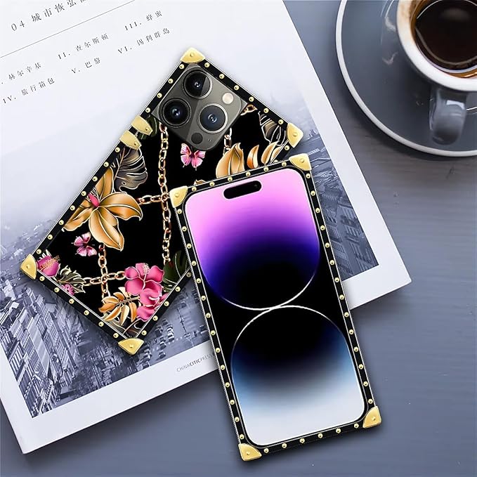 Compatible with iPhone 14 Pro Max Case, Pink Golden Chain Tropical Flower Luxury Golden Decoration for Girl Women Soft TPU Shockproof Protective Hard PC Back for iPhone 14 Pro Max