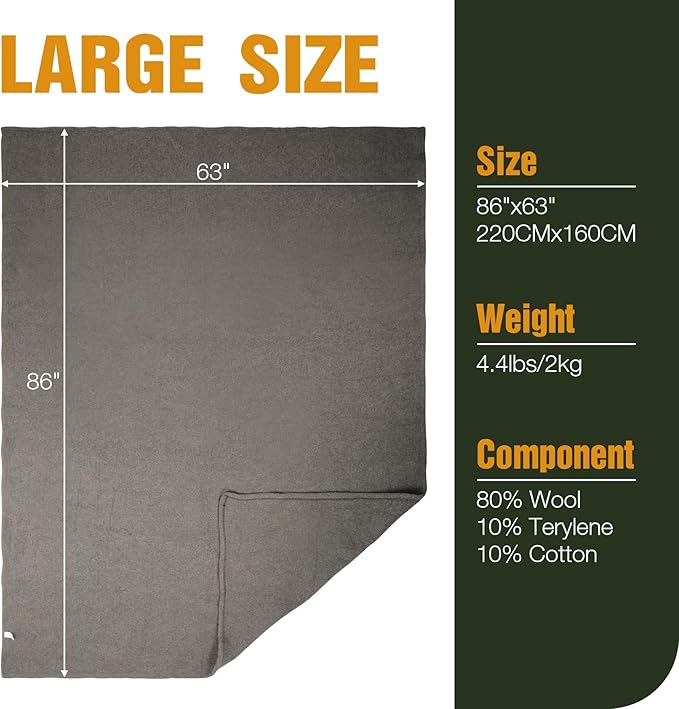 REDCAMP Wool Blanket, Warm and Thick Wool Camping Blanket- Great for Outdoors, Stadium Blanket, Picnics, Travel and Car, Machine Washable 86"x 63" Grey