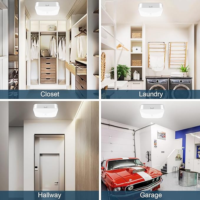 WhitePoplar Motion Sensor Rechargeable Ceiling Light Indoor with Remote, Wireless Battery Operated Rechargeable Sensor Light for Closet, Garage, Hallway, 3000K-6000K Battery Powered Shower Lights