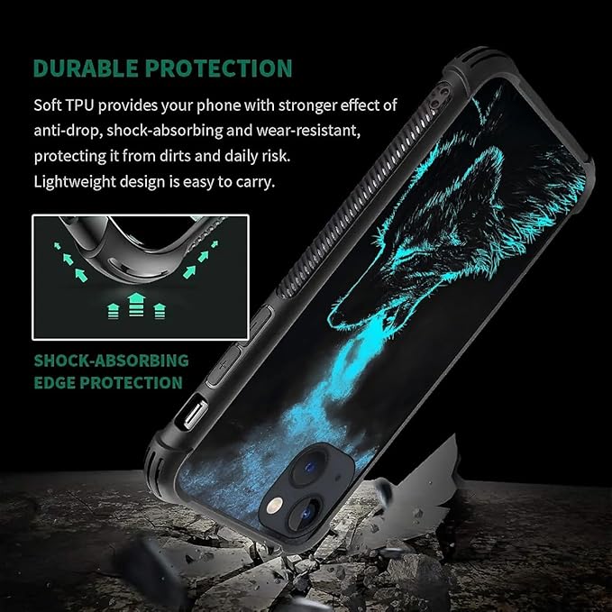 for iPhone 13 Mini Case, Blue Breathing Wolf Pattern Graphic Design Girl Boy Soft Silicone Hard Acrylic Shock Protection for iPhone 13 Mini