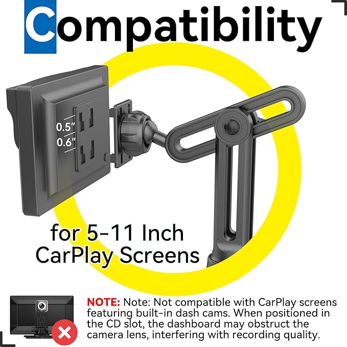 Cup Holder Car Mount for Portable CarPlay Screens, Adjustable Height, Flexible Long Arm, Alternative Cupholder Mounting Solution for in-Car Android Display Monitors (Bracket Adapter Included)