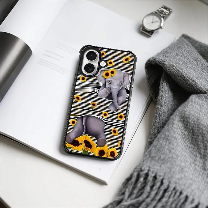 for iPhone 17 Case,for MagSafe Graphic Design for Girl Boy Soft Silicone Hard Acrylic Shock Protection Designed for iPhone 17 Cute Little Elephant Sunflower White Line Art Pattern