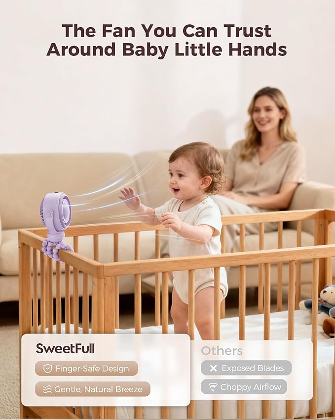 SWEETFULL Baby Stroller Fan - 4000mAh Rechargeable 4-Speed Quiet with LED Display & Night Light, Mini Portable 360° Clip On Safe Fan for Car Seat, Crib, Travel - Purple