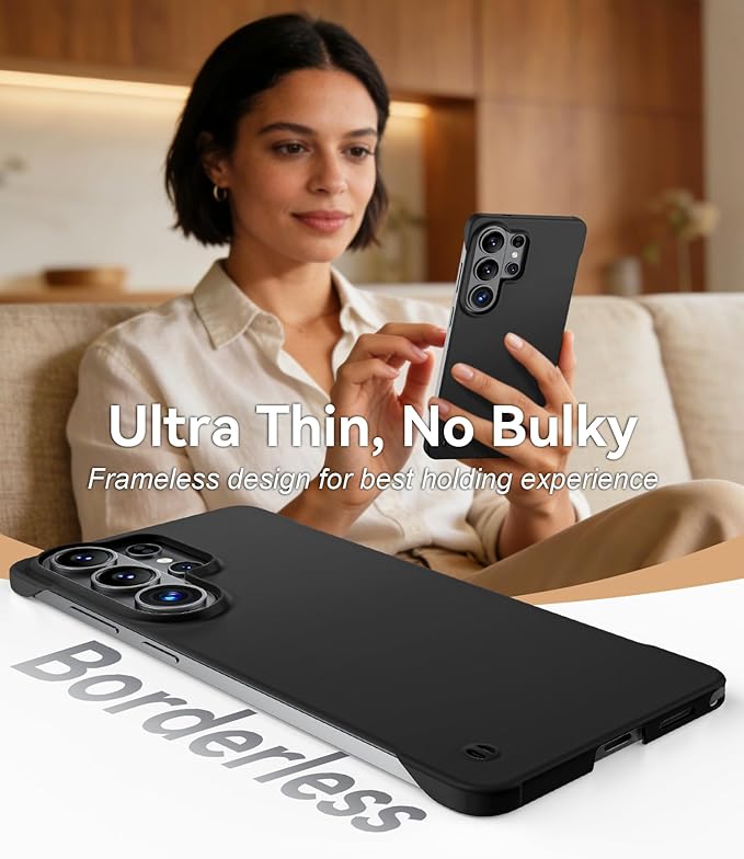 GRECAZO Slim Borderless for Samsung Galaxy S26 Phone Case 6.3"(2026) Ultra-Thin Lightweight Frameless Matte Hard PC Cover Case with Pull Ring Minimalist Non Slip Rope-Black