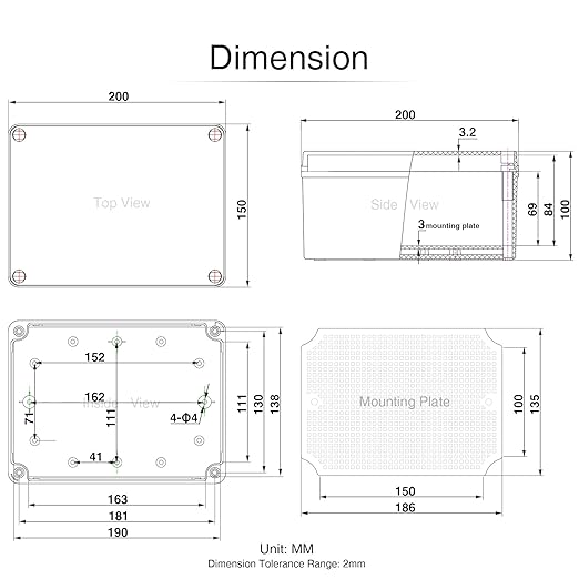 QILIPSU Junction Box with Mounting Plate 200x150x100mm, Clear Cover Plastic DIY Electrical Project Case IP67 Waterproof Dustproof Enclosure Grey (7.9"x5.9"x3.9")