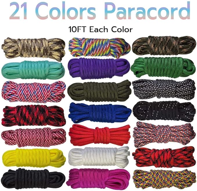 21 Colors Paracord (10FT Each Color), 550lb Parachute Cord Combo Kit for Crafting Bracelets, Lanyards, Dog Collars (21 Colors MixedA, 10FT)