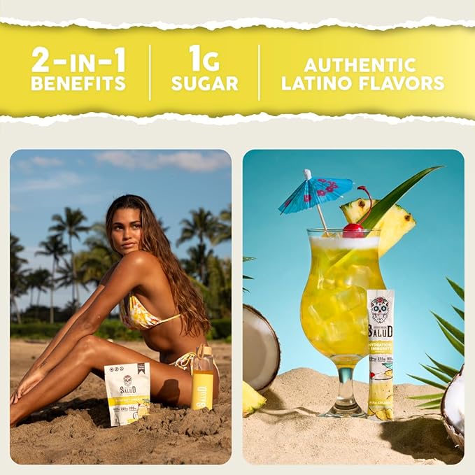 Salud 2-in-1 Hydration Packets + Immunity Electrolytes Powder, Piña Colada - Agua Fresca Drink Mix, Elderberry, Dairy & Soy Free, Non-GMO, Gluten Free, Vegan, Low Calorie, 1g Sugar (15 Servings)