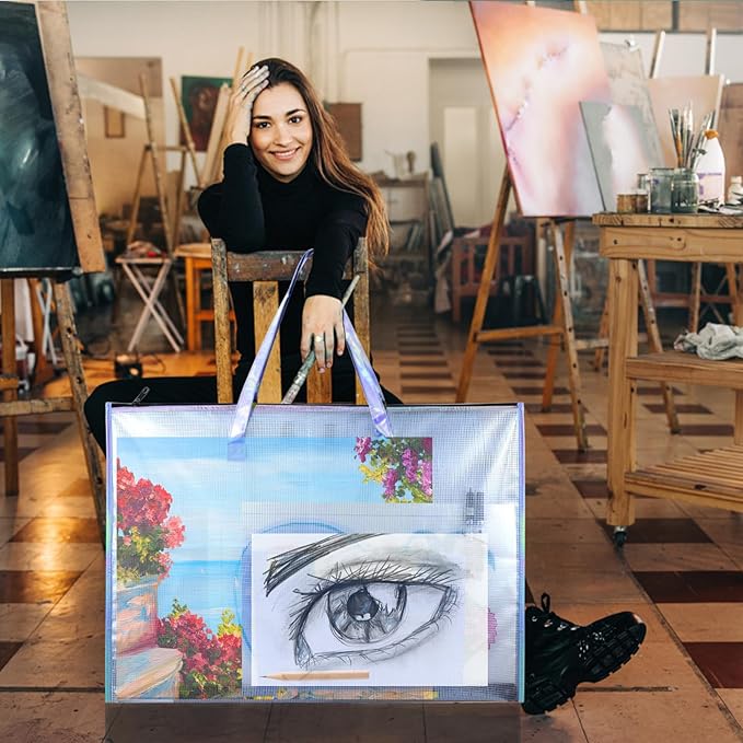 BUSOHA Art Portfolio Bag with Handle and Zipper - 2 PACK 19"X 25" Clear Waterproof Poster Storage Bag for Artworks, Drawing Pads Supplies, Charts and Teaching Material Multipurpose