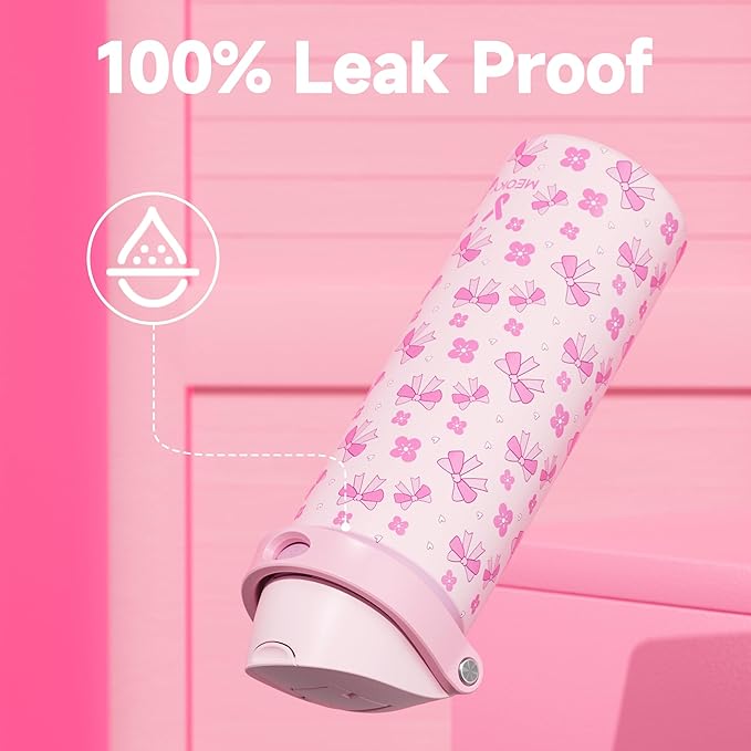 24 oz Insulated Water Bottle for Women: Meoky Stainless Steel Water Bottle with 2-in-1 Straw and Spout Lid - Leak Proof, Cold for 24 Hours, Fits in Car Cup Holder, BPA-Free for Sports Travel, Ribbonie