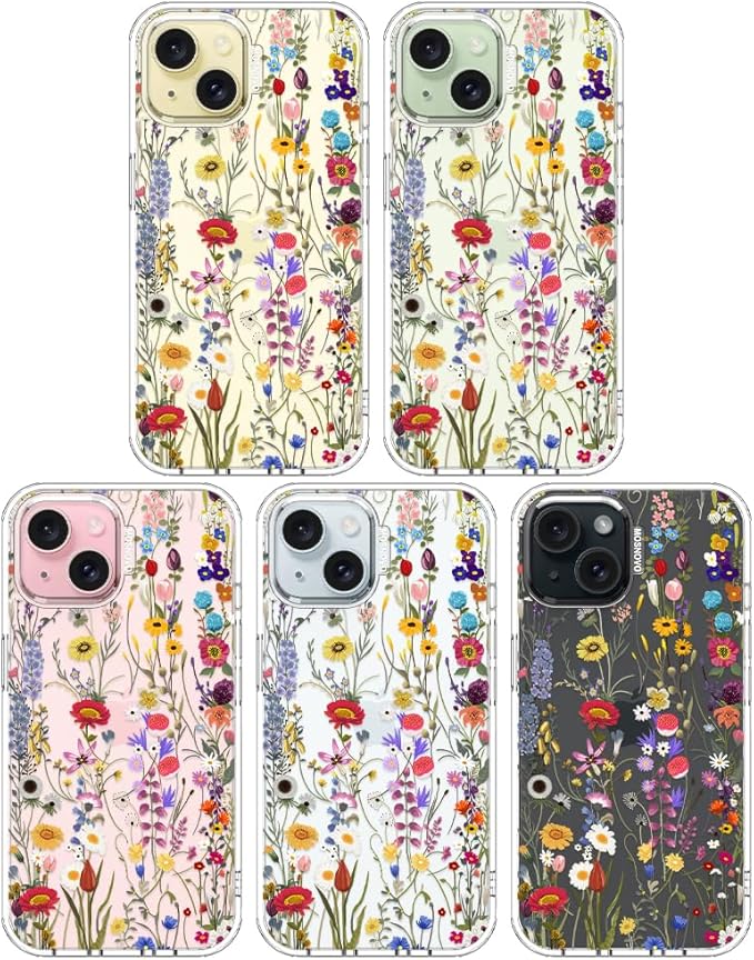 MOSNOVO Case for iPhone 15 Plus/iPhone 14 Plus, [Buffertech 6.6ft Military-Grade Drop Protection] [Anti Peel Off Tech] Clear TPU Bumper Phone Case Cover Design - Wildflower Meadow
