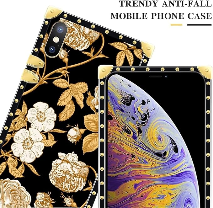 Compatible with iPhone XR Case, Blooming Rose Golden Flower Luxury Golden Decoration for Girl Women Soft TPU Shockproof Protective Hard PC Back for iPhone XR