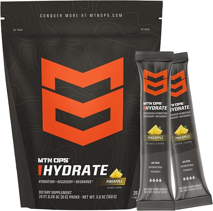 MTN OPS Hydrate Low Sugar Electrolyte Powder Drink Mix with 1g D-Ribose Sugar, 1000mg Electrolytes, On-The-Go Packs, 20 Stick Packs, Pineapple