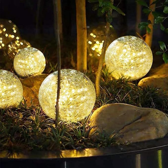 SyouHome Solar Garden Lights Outdoor Waterproof, 4 Pack 30 LEDs Cracked Glass Ball Light, Ground Landscape Garden Decor, Solar Globe Decorative for Pathway/Patio/Lawn/Yard