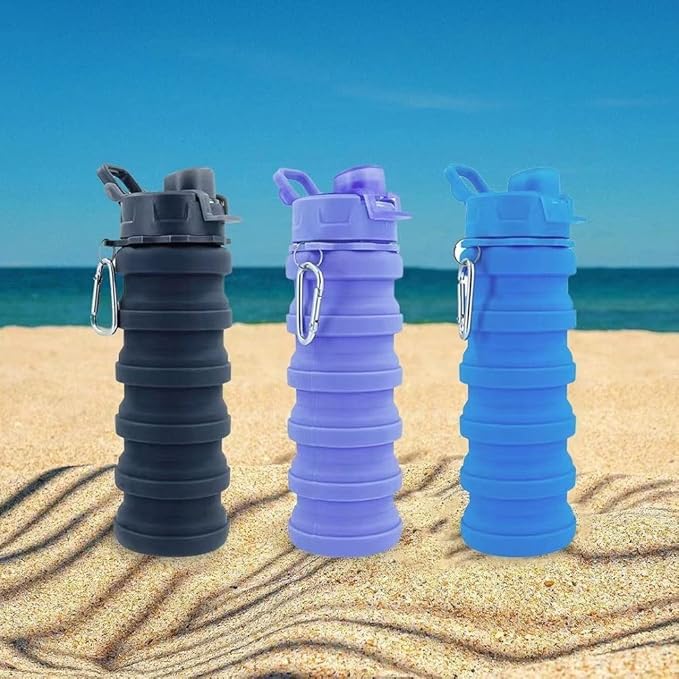 Collapsible Water Bottles 3 Pack Silicone Water Bottle with Carabiner BPA Free Expandable Water Bottle 500ml Portable Sport Water Bottle for Travel Camping. (Black+Purple+Blue)