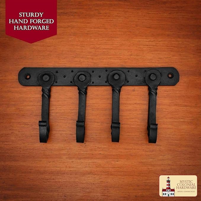 "Mystic Colonial Rustic Cast Iron Wall Mounted Coat Rack with 4 Blackened Hooks � Heavy Duty Vintage Utility Hanger for Entryway, Bathroom, Kitchen, Bag, Hat & Towel � Mounting Hardware Included"