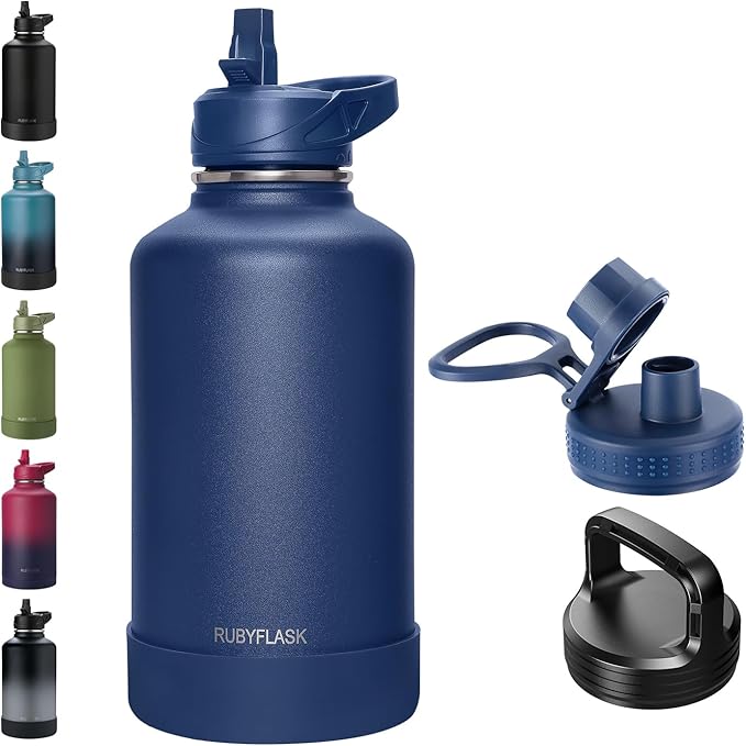 RUBYFLASK 64oz Insulated Water Bottle with Straw, Half Gallon Stainless Steel Vacuum Water Jug, Large Thermal Water Bottle Flask with Leakproof 3 Lids for Travel, Camping, Gym Sports Navy