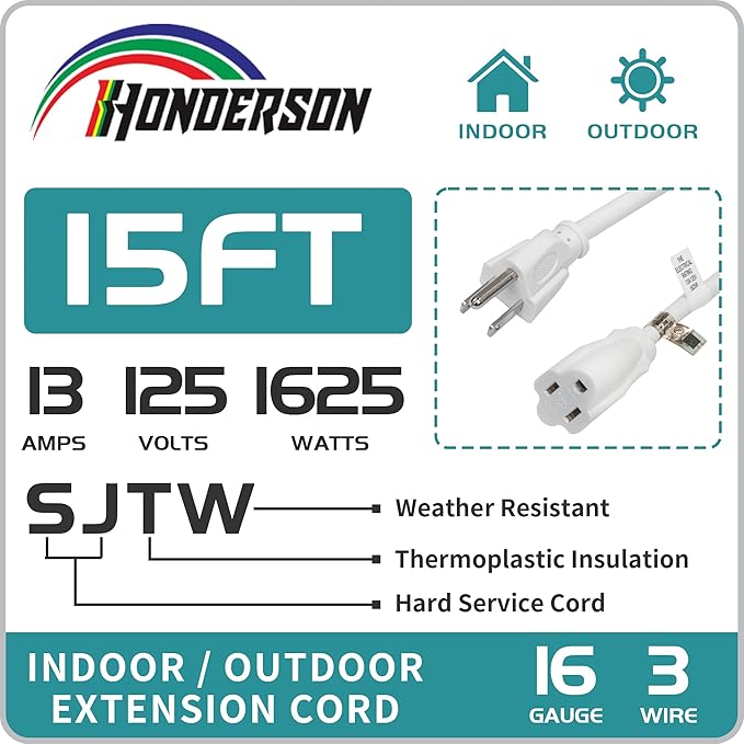 Indoor/Outdoor Extension Cord, 16 Gauge 15FT White 3 Prong Heavy Duty, Weatherproof, UL Certified, 16/3 SJTW 13A Power Cord for Outdoor Lights, Appliances, Lawn