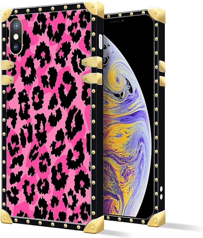 Compatible with iPhone XR Case, Pink Black Leopard Luxury Golden Decoration for Girl Women Soft TPU Shockproof Protective Hard PC Back for iPhone XR