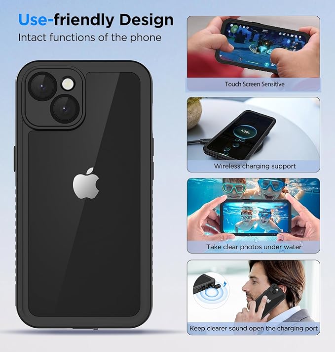 Lanenas for iPhone 14 Plus Case - Waterproof Case with Built-in Screen Protector, Full Body Heavy Duty Phone Case Dustproof Shockproof Case Cover for iPhone 14 Plus 6.7inch Black