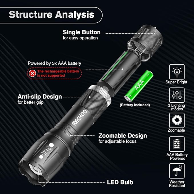 RECHOO 6Pack LED Flashlight, Bright Small Flashlights High Lumens with 3 Modes, Pocket Mini Flashlight Battery Powered, Flash Light Adjustable Focus, Waterproof Flashlights for Home Emergency Camping