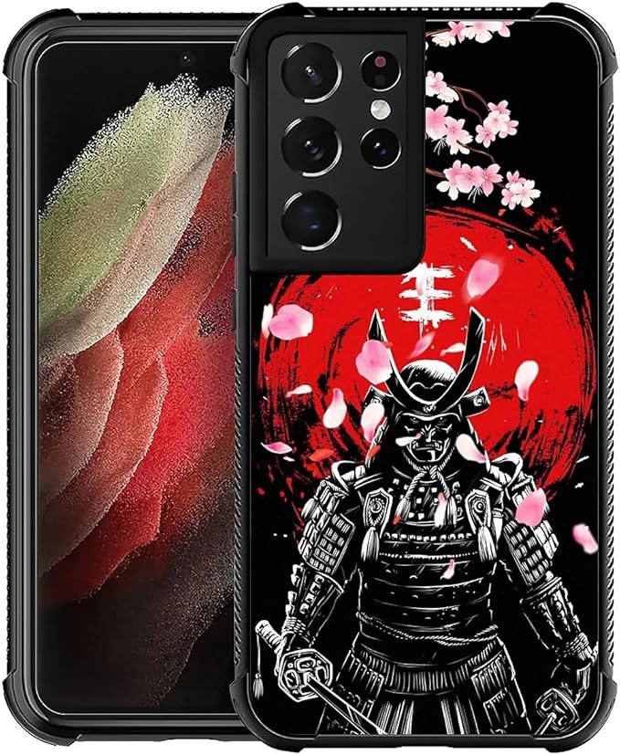 for Samsung Galaxy S21 Ultra Case, Sakura Japanese Samurai Pattern Graphic Design Girl Boy Soft Silicone Hard Acrylic Shock Protection for Samsung Galaxy S21 Ultra