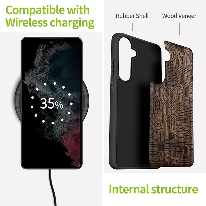 Carveit Wood Case for Galaxy S24 Plus Case [Natural Wood & Black Soft TPU] Shockproof Protective Cover Unique Wooden Design Compatible with S24 Plus (Motherboard-Walnut)
