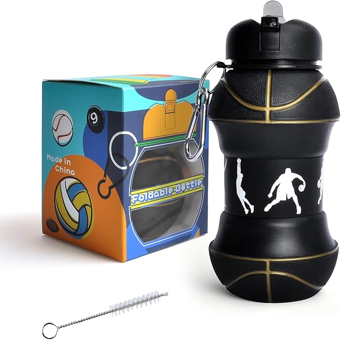 Louis Donné Silicone Collapsible Water Bottle, Toddler Water Bottle Black Basketball Style, Kids 19oz Water Bottle, Toys Gift for Kid Travel Accessories