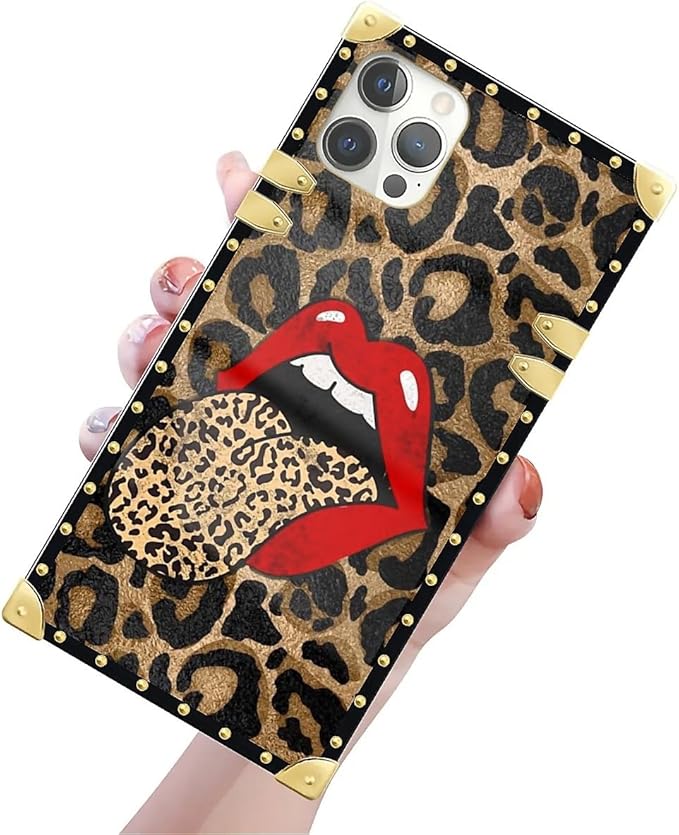 Compatible with iPhone 12 Pro Max Case, Brown Leopard Print Mouth Luxury Golden Decoration for Girl Women Soft TPU Shockproof Protective Hard PC Back for iPhone 12 Pro Max