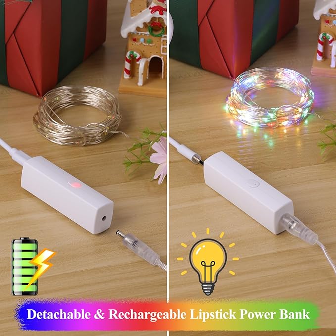 66FT(33 * 2) Multicolor Fairy Lights Battery Operated, 100 LED Twinkle Lights with Timer, Rechargeable String Lights for Bedroom, Christmas Decorations, Wedding, Centerpiece Table Decor Multicolor