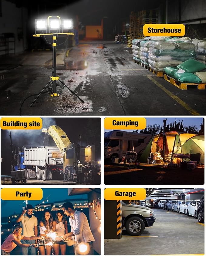 Upgraded LED Work Lights with Stand, 21000 Lumen, 3-Head Adjustable Work Light, Waterproof Foldable Tripod, Extended Cord for Outdoor & Indoor Job Sites, Workshops, Construction, Garage Lighting
