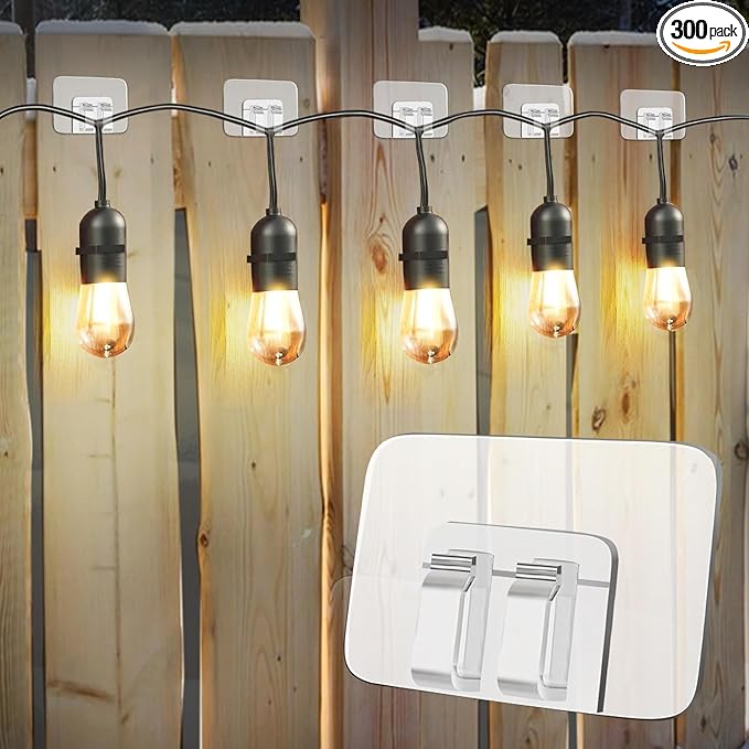 Hooks for Outdoor String Lights Clips: Heavy Duty Cable Clips with Waterproof Adhesive Strips for Hanging Christmas Light - Outside UV-Resistant Clear Sticky Cord Holders Rope Organizer (300)