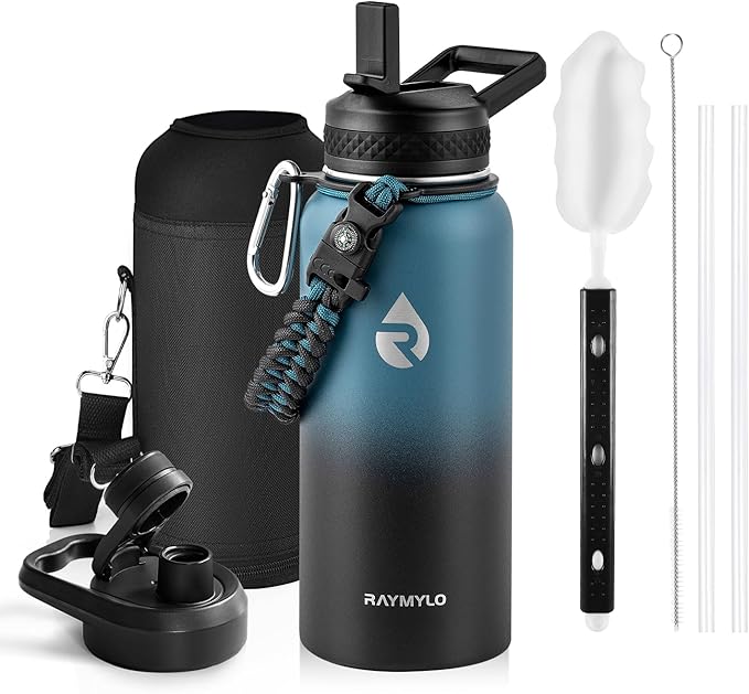 RAYMYLO Insulated Water Bottle 32 oz, Triple Wall Vacuum Stainless Steel (Cold for 24Hrs, Hot for 12Hrs), Leak Proof & Non-BPA, Modern Water Flask Jug with Paracord Handle & Straw Spout Lids
