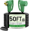 POWGRN NEMA 14-50P to NEMA 14-50R 50 Amp RV/EV Extension Cord 50 FT Outdoor with Grip Handle, Flexible Heavy Duty RV Power Cord Waterproof, 50A 125/250V 6250/12500W STW, Black-Green, ETL Listed