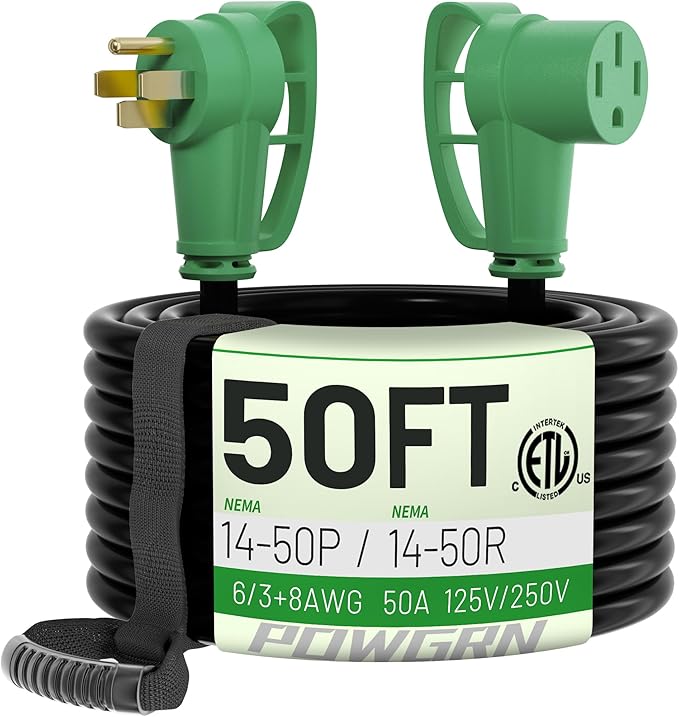 POWGRN NEMA 14-50P to NEMA 14-50R 50 Amp RV/EV Extension Cord 50 FT Outdoor with Grip Handle, Flexible Heavy Duty RV Power Cord Waterproof, 50A 125/250V 6250/12500W STW, Black-Green, ETL Listed