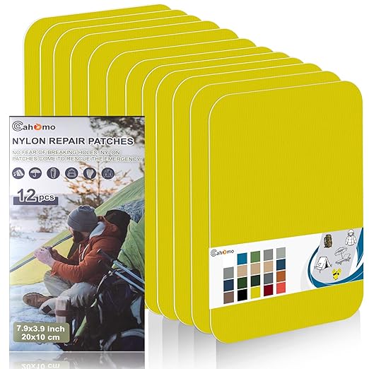 Cahomo 7.9x3.9 inch 12 PCS Nylon Repair Patch Nylon Repair Tape Self Adhesive Fabric Tapes Outdoor Camping Gear Fabric kit for Tent, Umbrella, Down Jackets, Sleeping Bag, Knapsack（Yellow）