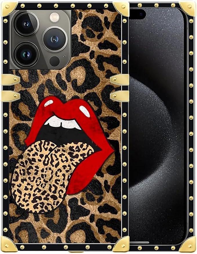 Compatible with iPhone 16 Pro Case, Brown Leopard Print Mouth Luxury Golden Decoration for Girl Women Soft TPU Shockproof Protective Hard PC Back for iPhone 16 Pro