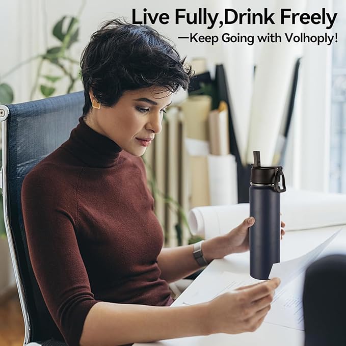 Volhoply 24oz Insulated Water Bottle With Straw Bulk 6 Pack,Metal Wide Mouth Water Bottles With Handle Lid Keep Cold,Reusable Double Wall Cups,Powder Coated Sport Bottle For Holder(Navy,6 Count)