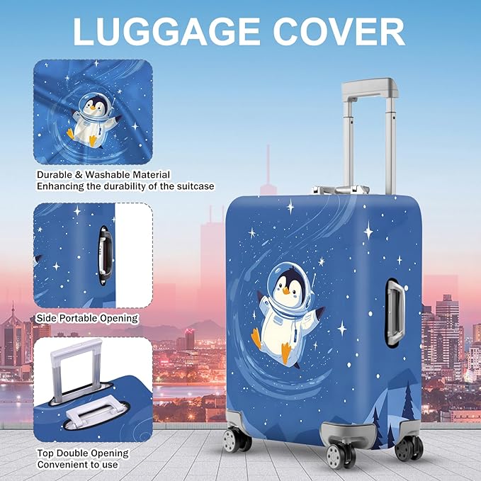 ANNA QUEEN Astronaut Penguin Luggage Cover, Cute Space Penguin Design Suitcase Protector, Washable Stretchable Travel Sleeve for 20-22 Inch Luggage