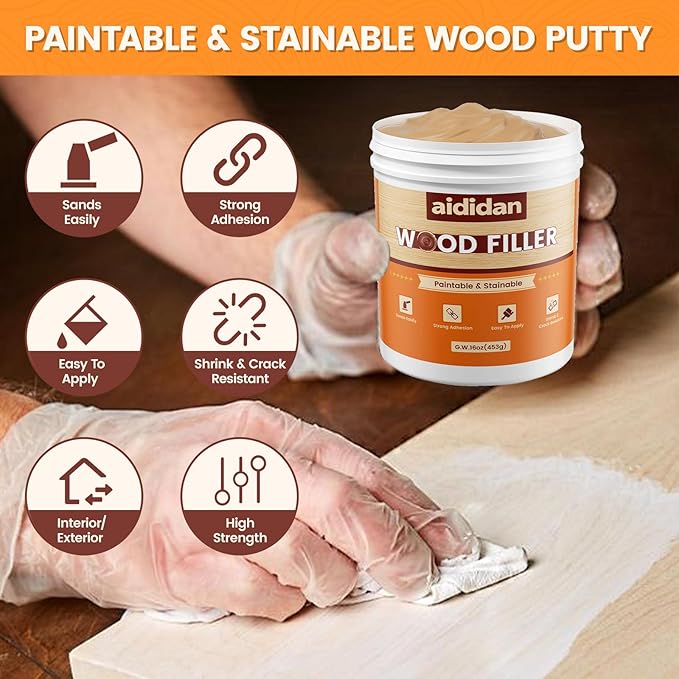 Wood Filler, Wood Repair Kit,16 Ounce Paintable & Stainable Wood Putty Filler, Wood Scratch Cracks Holes Repair Furniture, Exterior Wood Filler Water Resistant, Wood Putty (Natural)