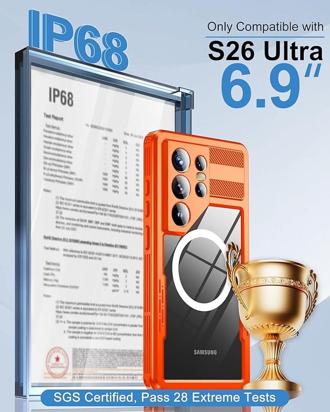 for Samsung Galaxy S26 Ultra Waterproof Case, [Fit for Magsafe] [IP68 Water Proof] [Built-in Screen Protector], Magnetic Heavy Duty Military Grade Rugged Phone Case for S 26 Ultra 6.9", Orange