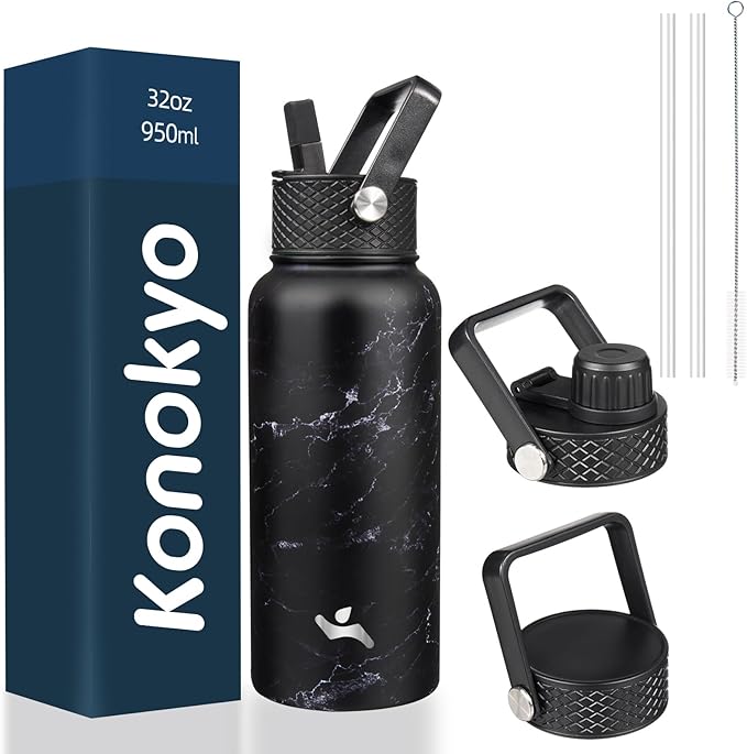 Konokyo 32 oz Insulated Water Bottle Stainless Steel Sport Bottles with 3 Lids,Marble Midnight