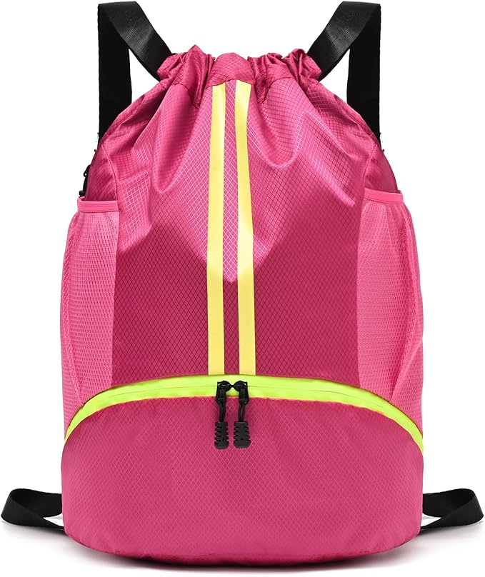 LOKAPEGY Drawstring Gym Bag for Men, Waterproof Drawstring Backpack for Women, Swim with Shoes Compartment, Pull String Sport Bag for Soccer and Basketball. (Rose)