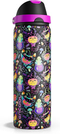 Insulated Water Bottle with Straw - Encool Stainless Steel Water Bottle with Push Button Lid, Leak-Proof & BPA-Free, Keeps Cold for 24 Hours for Sports, Travel, Gym (32 oz, Meowgic Night)